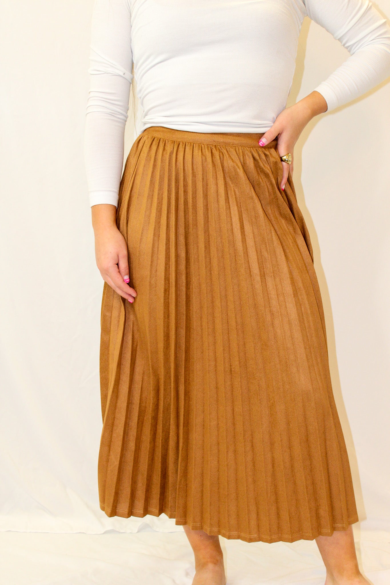 Camel Suede Pleated Skirt